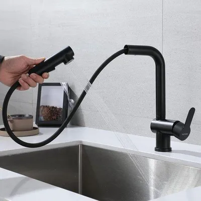 Immagine prodotto di Miscelatore da cucina Unyqoos® in acciaio inossidabile SUS 304, finitura nero opaco – Miscelatore monocomando con doccetta estraibile, portata da 40 a 60 cm, girevole a 360°, 2 tipi di getto, altezza 29 cm