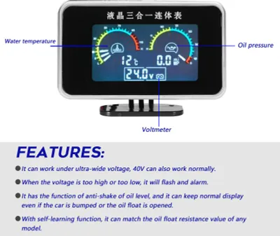 Produktbild von 3-in-1-Auto-LCD-Messgerät, digitales Öldruck-, Spannungs-, Wassertemperaturmessgerät, Universalinstrument, 9–36 V, für LKW, SUV, Wohnmobil
