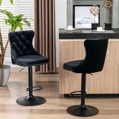 Produktbild von 2er Set drehbare Samt-Barhocker, höhenverstellbar, modern, gepolstert, schwarz.