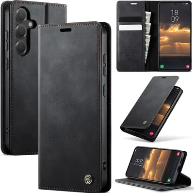 A collage of images showcasing a black leather phone case for a Samsung Galaxy S25 FE.