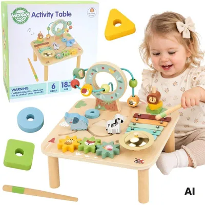 Productafbeelding van Woopie Groene Houten Educatieve Tafel Muzikaal Sensorisch Doolhof 5 In 1