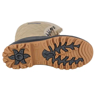 The image shows the sole of a beige boot against a white background.