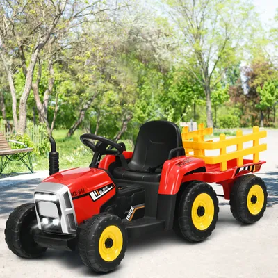 Obrázok produktu pre COSTWAY 12V 3-rýchlostný traktor s odpojiteľným prívesom a diaľkovým ovládaním 2.4G, detský traktor na jazdenie so svetlami LED, hudbou, klaksónom, funkciami Bluetooth a USB, vhodný pre deti od 3 rokov (červený)