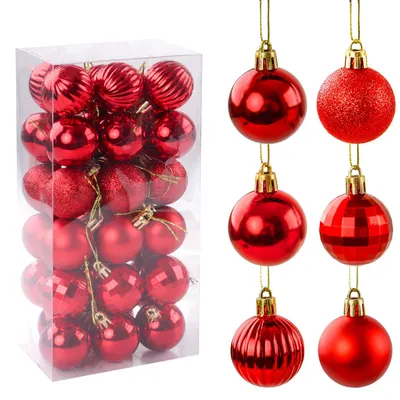 Weihnachtskugeln rot, 36 Stück, 4 cm, Kunststoff, mit Schlüsselband