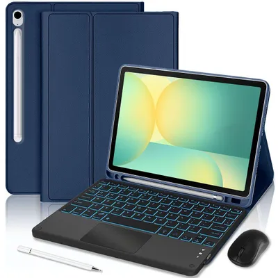 Image de Coque Clavier pour Samsung Galaxy Tab S10 FE / S9 FE, CuirPolyuréthaneBleu Marine avec Clavier Rétroéclairé + Souris + Stylet