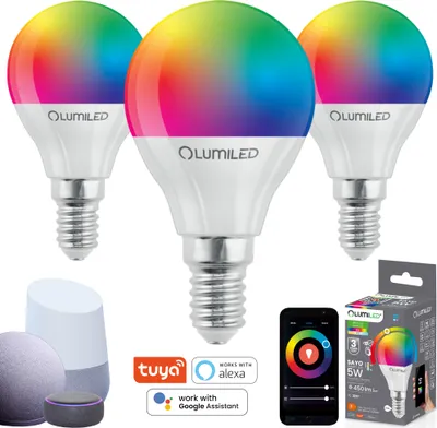 Three smart LED light bulbs with colorful light, smart home devices, and a smartphone app.