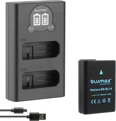Produktbild von 1x Akku + LCD Lader für Nikon EN-EL14 D3300  D5300 D5500 D5600  P7800 1050 mAh