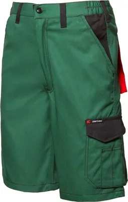 A pair of green work shorts with black accents and a red tag.