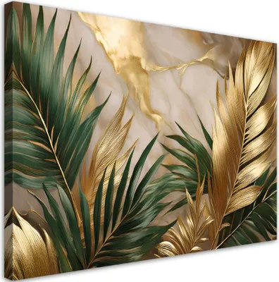 Produktbild von Leinwandbild Palmblätter auf einem goldenen Marmorhintergrund 90x60 Feeby Gold bild für die wand bereit zum aufhängen
