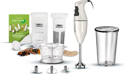 Der Stabmixer Unold ESGE-Zauberstab E 120 Select + Magic Fusion Creme wird mit mehreren Aufsätzen, z