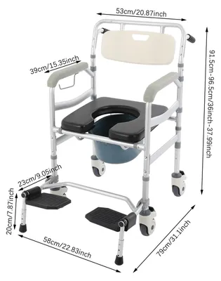 Image de Siège de toilettes mobile rembourré - 4 en 1 : chaise de lit et fauteuil de douche - Pliable - Avec accoudoirs - 4 roulettes verrouillables - Seau amovible - Repose-pieds réglables en hauteur et escamotables