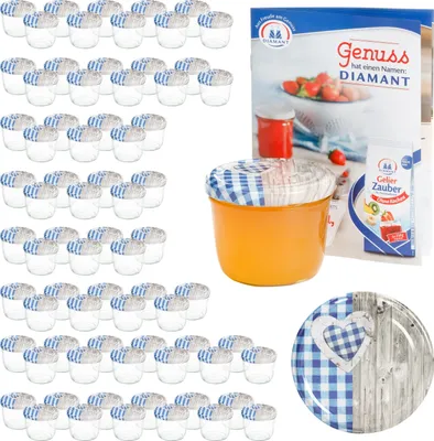 A collection of small glass jars with lids, a larger jar of jam, and a decorative plate, arranged on a white background.
