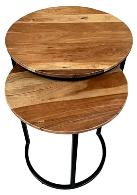 Produktbild von Beistelltisch Set 2er - Couchtisch aus Altholz mit Metallgestell - runder Wohnzimmertisch im Industrial Design