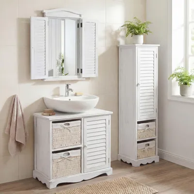 Zdjęcie produktu dla Zestaw łazienkowy HWC-H20, zestaw mebli łazienkowych wysoka szafka umywalka toaletka lustro ścienne ~ shabby white