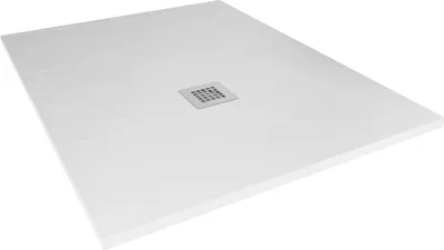 A white shower tray with a drain in the center, presented on a white background.
