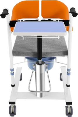 Obrázek produktu pro Hydraulický zvedák pro pacienty – toaletní židle – výškově nastavitelný – s kolečky a brzdou – otočný – nosnost 100 kg – čalouněný – oranžový