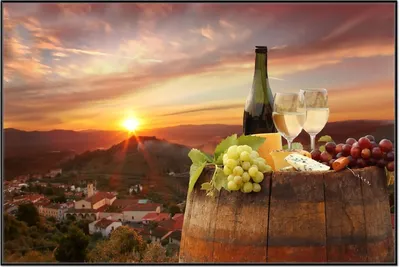Produktbild von Wallario Wandbild Wein Romantik - Weißwein mit Käse auf einem Fass, Größe: 61 x 91,50 cm, Poster mit schwarzem Aluminiumrahmen