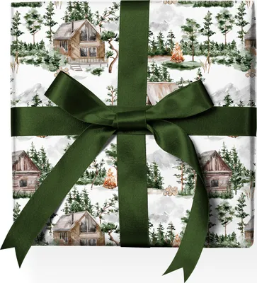 Produktbild von Wald Winter Geschenkpapier mit gemalter Hütten Szene und Bäumen, grün weiß - G22121, 32 x 48cm
