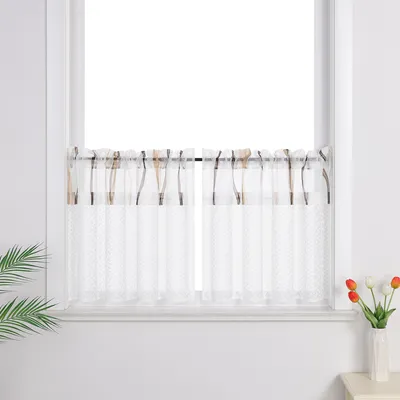 Produktbild von Joyswahl 2er Set Scheibengardine Voile Bistrogardine Küche Gardinen Kurztores mit braun gestreiftem Patchworkmuster Landhausstil Weiß BxH 145x60 cm