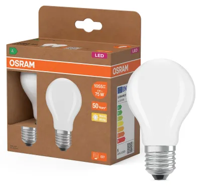 Obrázok produktu pre LED žiarovka OSRAM LED Superstar Classic A 75 v klasickom tvare žiarovky z matného skla, 5 W, 1055 lm, pätica E27, teplé biele svetlo 2700 K, EEK A, priemer 60 mm, 2 ks