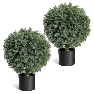 Zdjęcie produktu dla Sztuczna roślina Topiary – cedrowa kula – wysokość 60 cm – odporna na promieniowanie UV, do użytku na zewnątrz – zestaw 2 sztuk – z doniczką – czarna doniczka