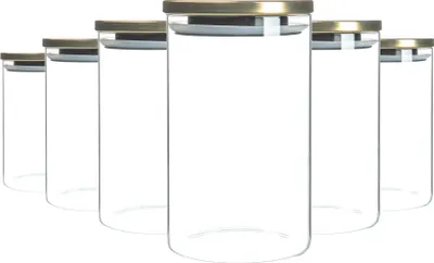 Produktbild von Argon Ta Glas Vorratsgläser mit Metalldeckeln - Moderne Moderne Küche Lebensmittel Speicherbehälter - Silikondichtung - 1 Liter - Gold - Packung mit 6