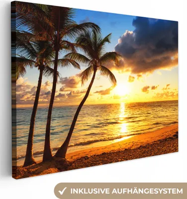 Produktbild von MuchoWow® - Leinwandbilder - Strand - Horizont - Sonnenuntergang - Palme - Meer, Wandbild, Wanddeko Bilder Wohnzimmer, 120x90 cm