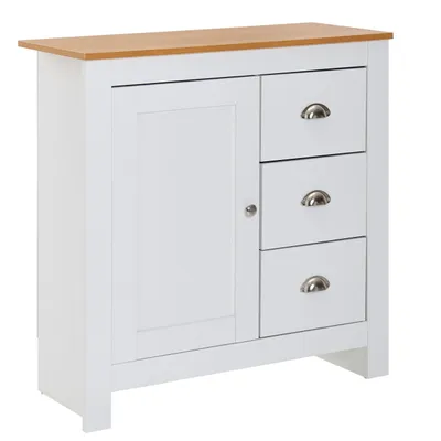 Produktbild von Sideboard mit 3 Schubladen 79x81x35 cm Kommode Weiß / Eiche Modern, Design Anrichte Hoch mit Tür, Schubladenkommode Wohnzimmer