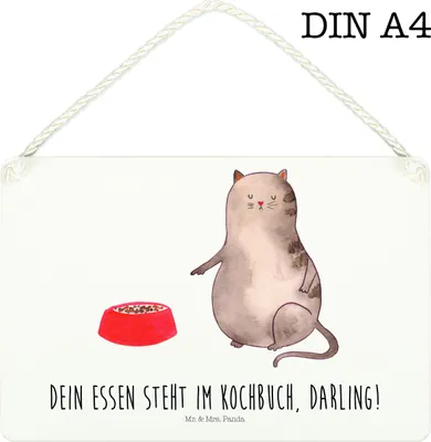 Produktbild von Mr. & Mrs. Panda Schild Katze Fressen DIN A4 - Weiß - Geschenk, wandtafel, kleine aufmerksamkeit, holzbild, Wandbild Holz, Türschild