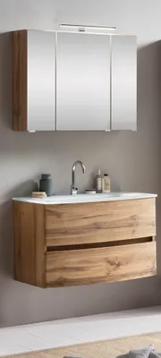 Produktbild von Badezimmer Waschtisch Set in Wotaneiche Nb. LAURIA-03 mit Spiegelschrank 80 cm inkl. Beleuchtung, BxHxT: ca. 80x200x49 cm