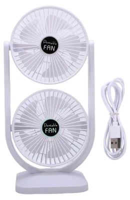 Obrázek produktu pro Dvojitá stolní ventilace, USB, nabíjecí, 3 rychlosti, přenosný elektrický ventilátor na podlahu, vhodný pro domácnost, kancelář, studentskou kolej, cestování, bílá barva