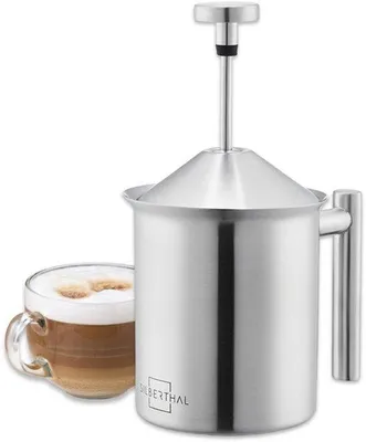 Produktbild von Milchschaumer manueller Edelstahl, 400 ml, perfekter Milchschaum dank Doppelsieb und speziellem Druckmechanismus