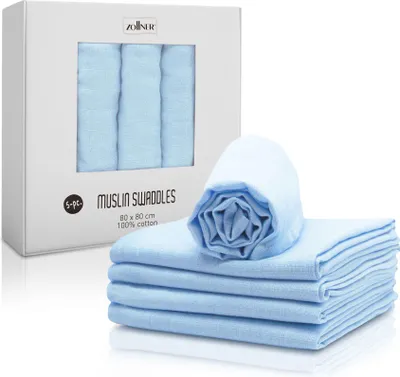 Produktbild von 5er Set Musselin Spucktücher in 80x80 cm aus 100% Baumwolle, hautfreundlich und besonders weich in hellblau