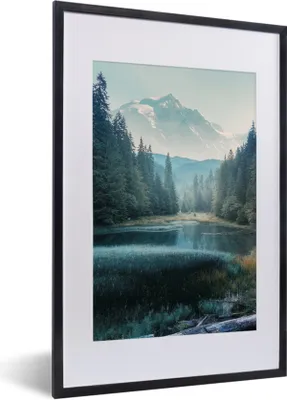 Produktbild von MuchoWow® Gerahmtes Poster Wald - Gras - Berge - Bäume - Natur 40x60 cm - Poster mit Schwarzem Bilderrahmen Wandposter Rahmen Foto Bilder - Poster in Rahmen