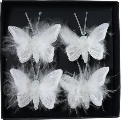 Produktbild von Schmetterling mit Federn & Clip 5cm 4er Set Winterweiß