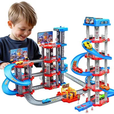 Produktbild von Garage Car Track Playset,Parkhausspielzeug,Interaktives Fahrzeugrennen Ramp Spiel, Set fuer Auto,Versammlung, Vorschule Bildungsverkehrsspiel,Blau