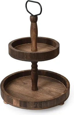 Produktbild von Runder mehrstöckiger rustikaler Tablettständer, 2-stöckiger dekorativer Tablettständer aus Holz für Metalldekorationen, Desserts, Kaffee, Obst
