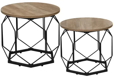 Produktbild von Ovaler Beistelltisch - Couchtisch - 2er-Set - Graue Holzoptik - Metallrahmen - Mit Stauraum - 50 x 50 x 45 cm - Moderner Stil