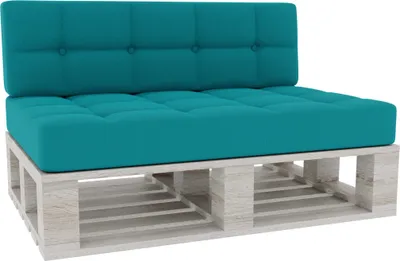 A teal tufted cushion set on a white wooden pallet base.