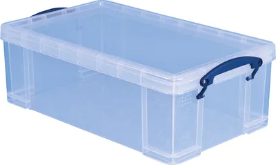 A clear, well-lit studio shot of a transparent storage box with blue handles.