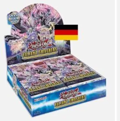 A display box of Yu-Gi-Oh! TCG Valiant Smashers booster packs, with a German flag overlay.