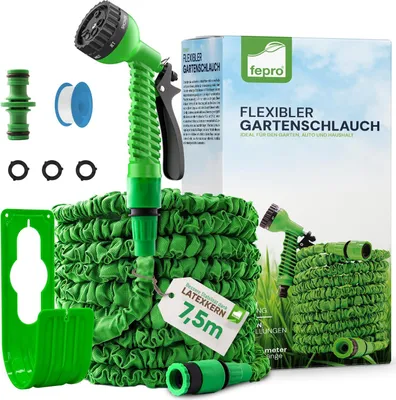 Produktbild von Fepro® Flexibler Gartenschlauch mit 7 Funktion 7,5m basic, Wasserschlauch flexibel mit 3-Fach Latexkern inkl. Adapter für 1/2' 3/4' Zoll und Wandhalterung, dehnbarer flexiSchlauch