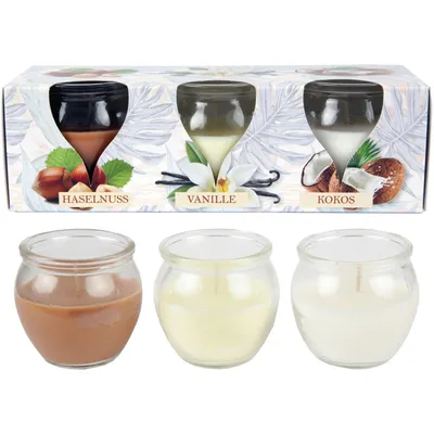 Obrázek produktu pro Sada tří vonných svíček v sklenici, příchutě ořech, vanilka a kokos – HS Candle Creation, doba hoření cca 18 hodin na svíčku, osvěžovač vzduchu, dekorativní dárek do domácnosti