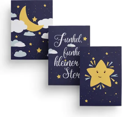 Produktbild von Friendly Fox Kinderzimmer Poster Babyzimmer - 3er Set Wandbilder - DIN A4 - Kinderposter (Mond & Sterne)