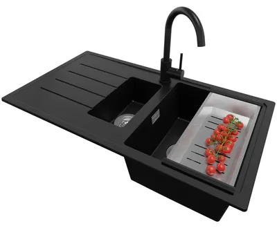Produktbild von PRIMAGRAN Granitspüle Schwarz 90x50cm, Spülbecken 1,5 Becken + Küchenarmatur 32x20cm + Ablauf-Set, Küchenspüle ab 60er Unterschrank - Kopenhagen Duo