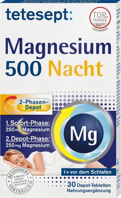 A box of Tetesept Magnesium 500 Nacht tablets, showing a sleeping woman and product details.