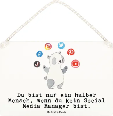 Produktbild von Mr. & Mrs. Panda Wandbild Holz Social Media Manager Herz DIN A6 - Weiß - Geschenk, Deko, holzbild, Holzschild, kleine aufmerksamkeit, Schild