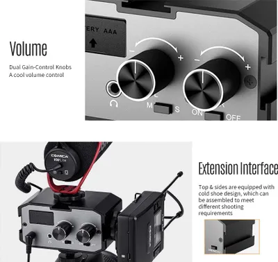 Zdjęcie produktu dla CoMica CVM-AX1 Adapter miksera audio Uniwersalny dwukanałowy mikser z portem 3,5 mm Obsługa monitorowania w czasie rzeczywistym Przełącznik wyjścia mono / stereo do lustrzanki cyfrowej Kamera do mikrofonu dodatniego i pasywnego 3,5 mm