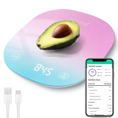 Produktbild von Digitale Küchenwaage mit App 10 kg, Bluetooth Kalorienzähler, 0,5 g Präzision, USB aufladbar, LED Display, Tara Funktion