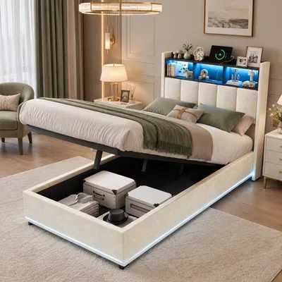 Obrázok produktu pre Postel INONEFT, čalúnená, 90x200 cm, s LED osvetlením a USB portmi, hydraulická posteľ s opierkou, posteľ pre mládež, jednolôžková posteľ s roštom, materiál: zamat, bez matraca, farba: béžová
